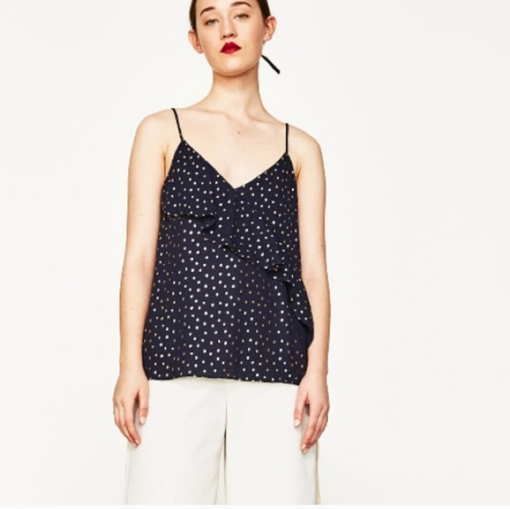 Zara Navy Polka Dot Ruffle Cami Top